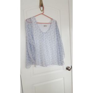 MARINA GIGLI Cream Blue‎ Floral Print Silk Lace Short Sleeve Top Size Large